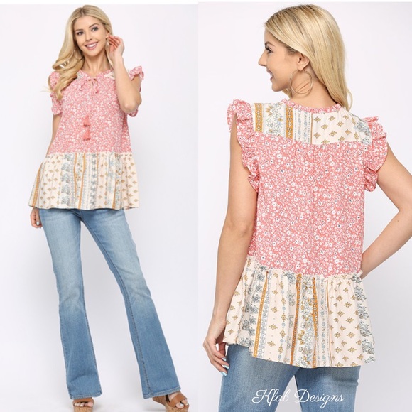 LAST 2! Flutter Sleeve Boho Woven Mixed Print Tassel Tie Top! - Picture 4 of 7